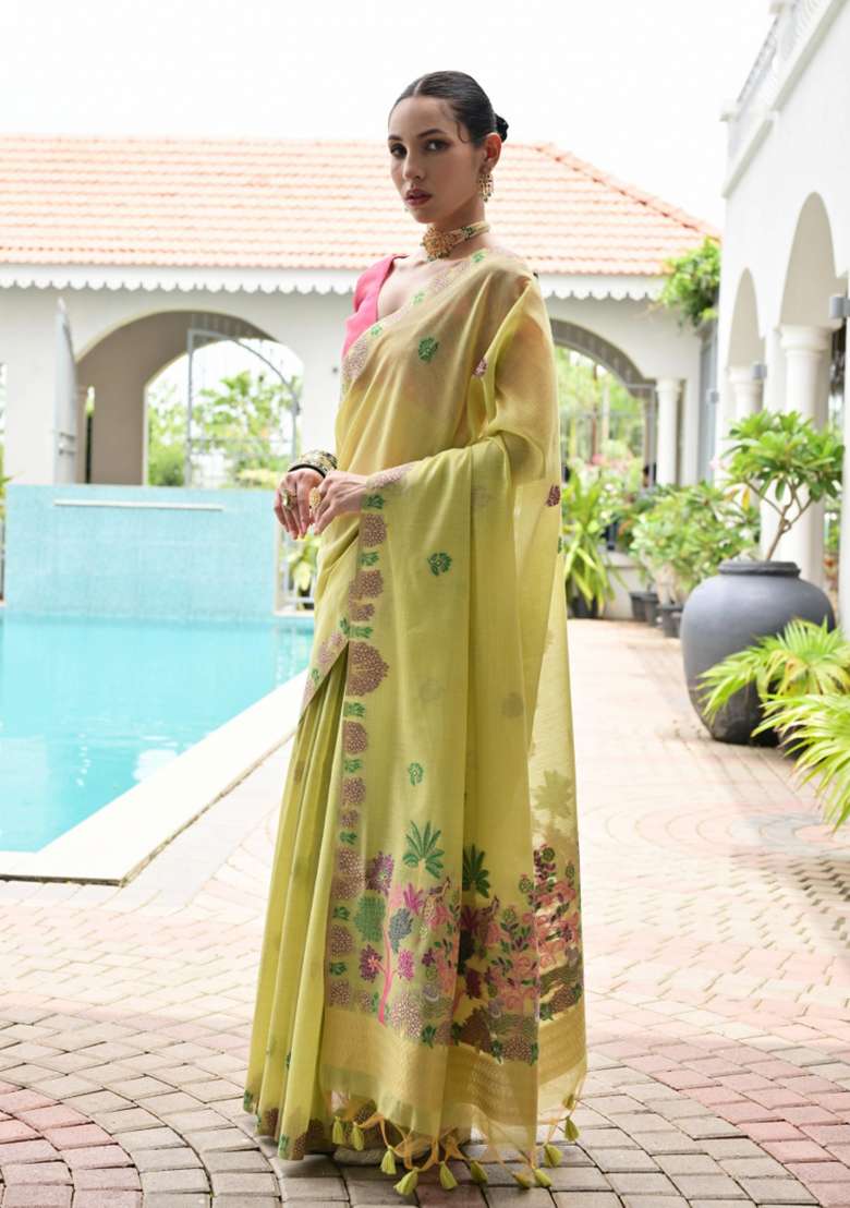 Pista Solid Chanderi Saree Set - Indya