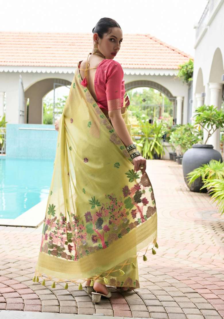 Pista Solid Chanderi Saree Set - Indya