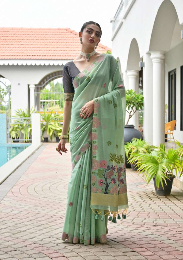 Green Solid Chanderi Saree Set - Indya