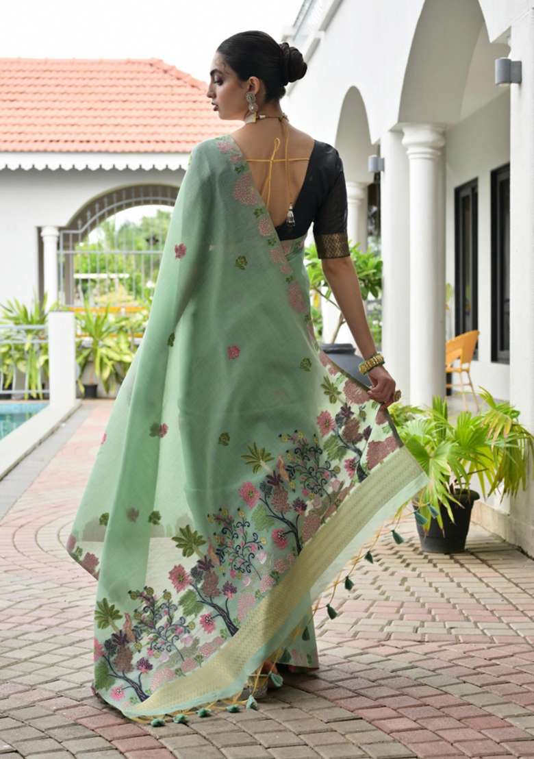 Green Solid Chanderi Saree Set - Indya