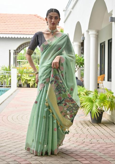 Green Solid Chanderi Saree Set — view on Indya