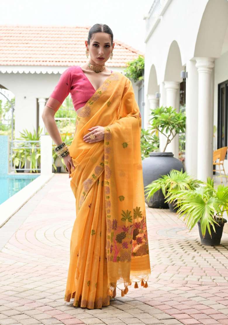 Yellow Solid Chanderi Saree Set - Indya