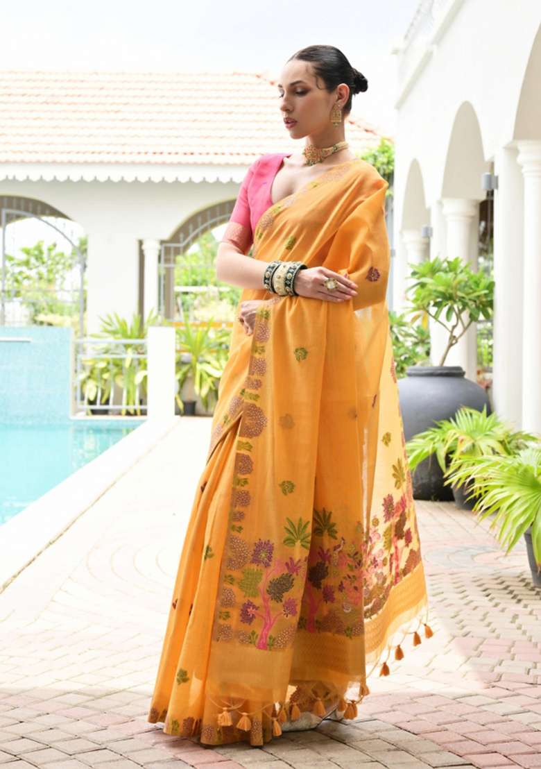 Yellow Solid Chanderi Saree Set - Indya