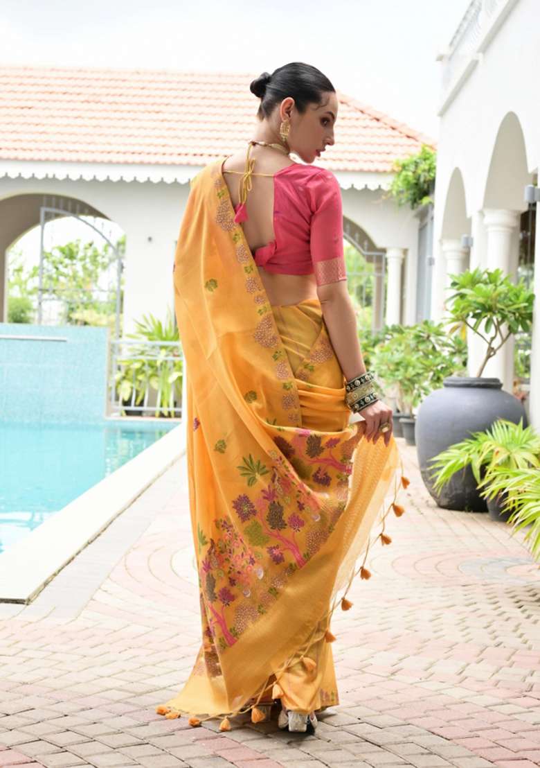 Yellow Solid Chanderi Saree Set - Indya