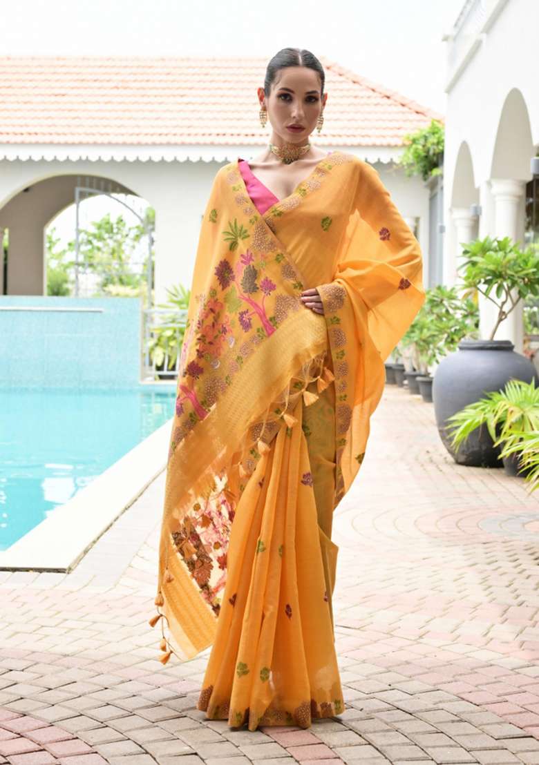 Yellow Solid Chanderi Saree Set - Indya
