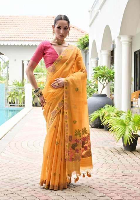 Yellow Solid Chanderi Saree Set