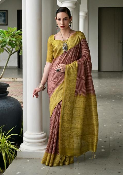 Coffee Solid Silk Saree Set — view on Indya