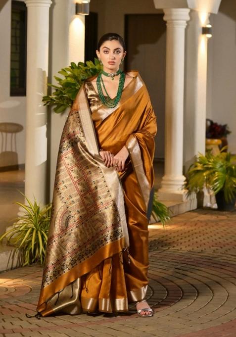Golden Solid Silk Saree Set — view on Indya