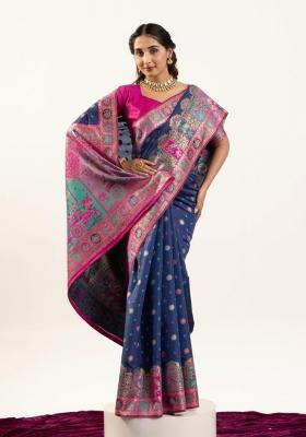 Blue Solid Silk Blend Saree Set