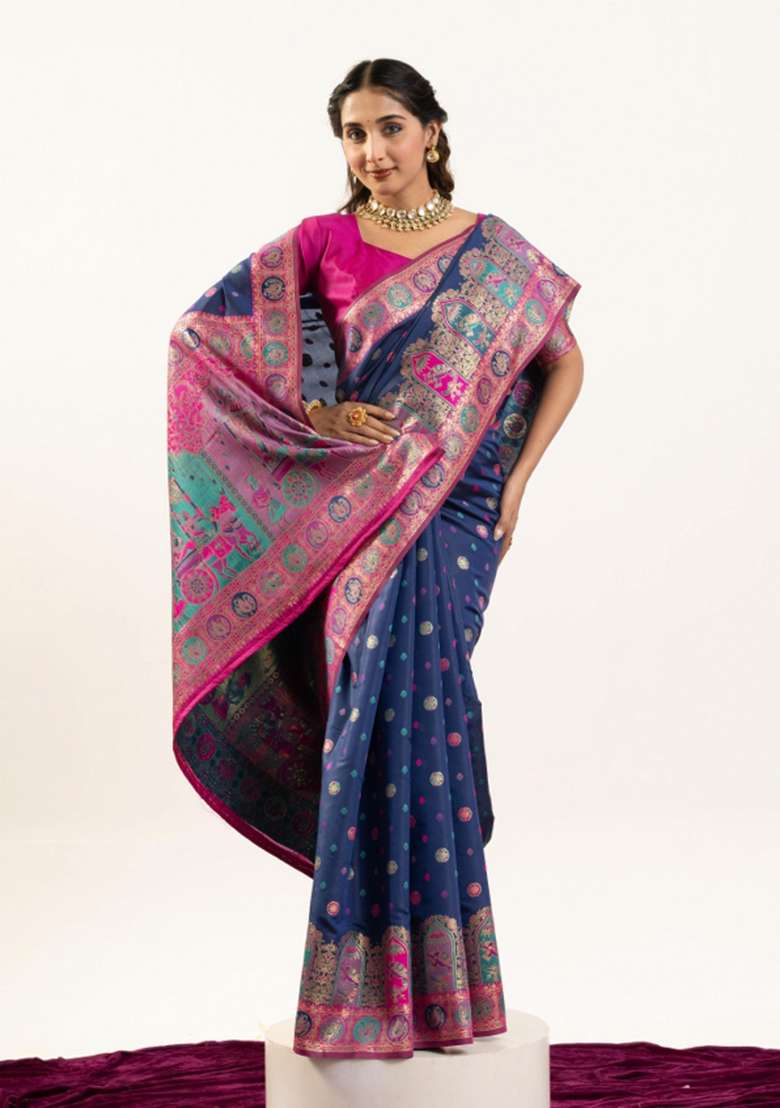 Blue Solid Silk Blend Saree Set - Indya