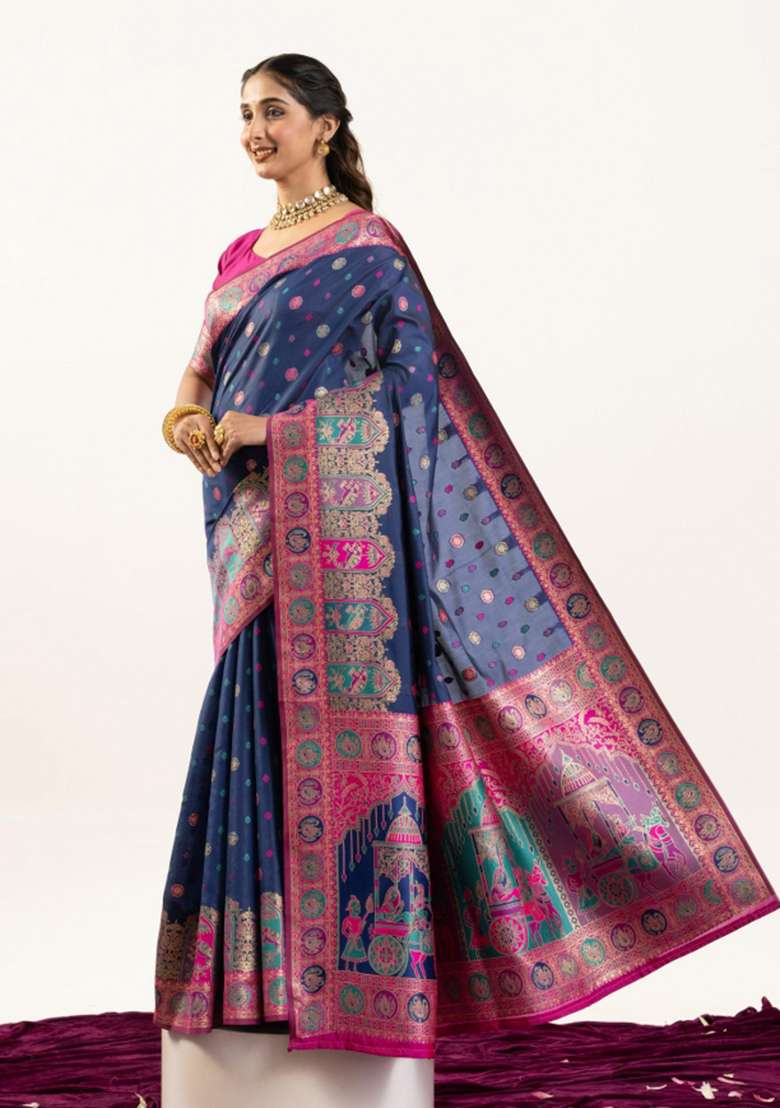 Blue Solid Silk Blend Saree Set - Indya