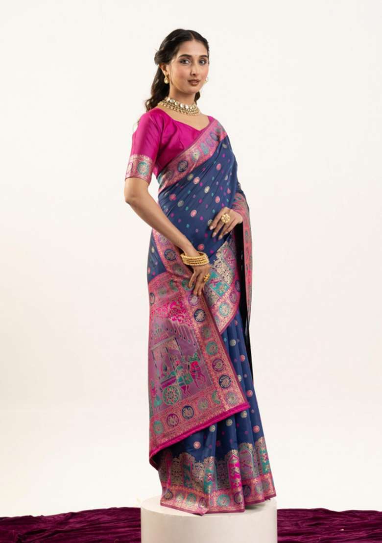 Blue Solid Silk Blend Saree Set - Indya