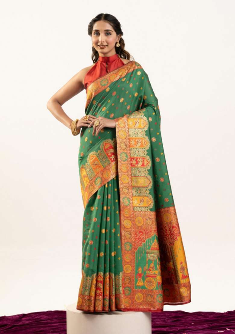 Green Solid Silk Blend Saree Set - Indya