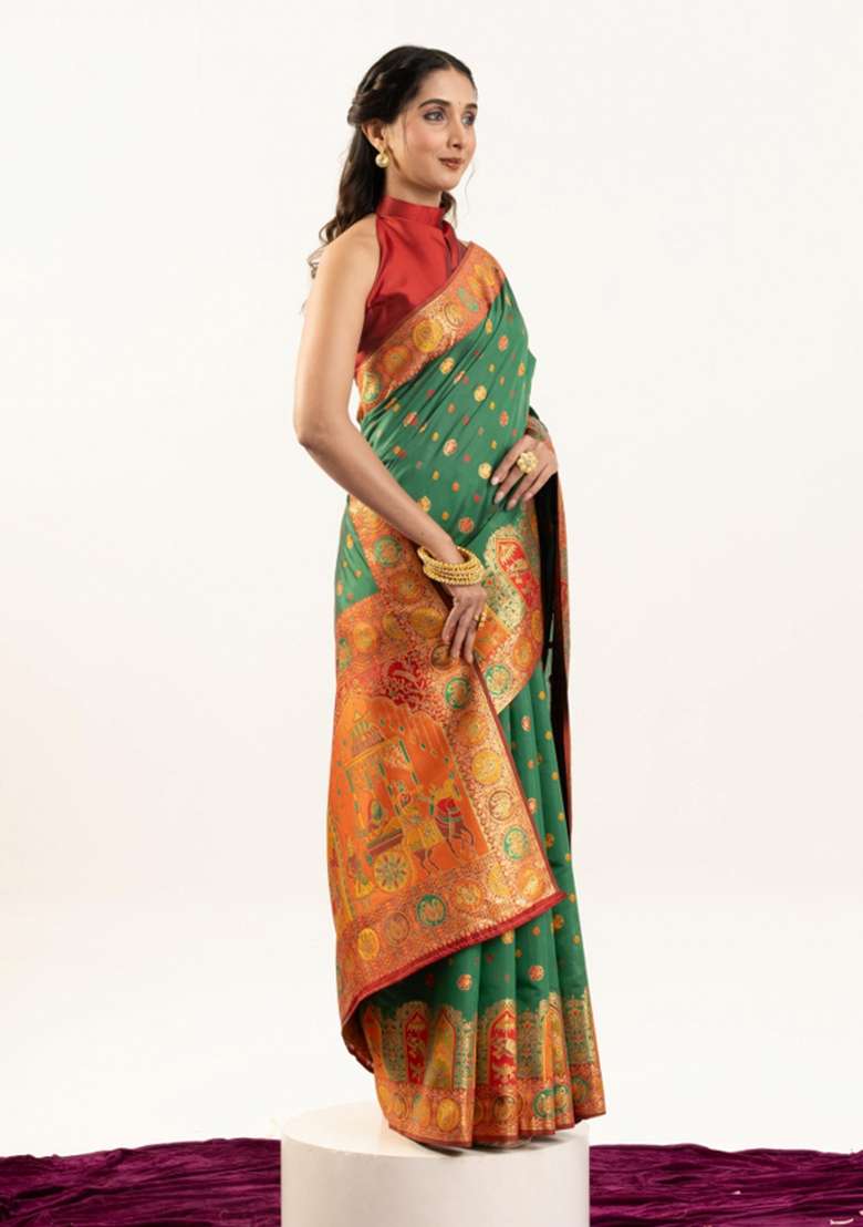 Green Solid Silk Blend Saree Set - Indya