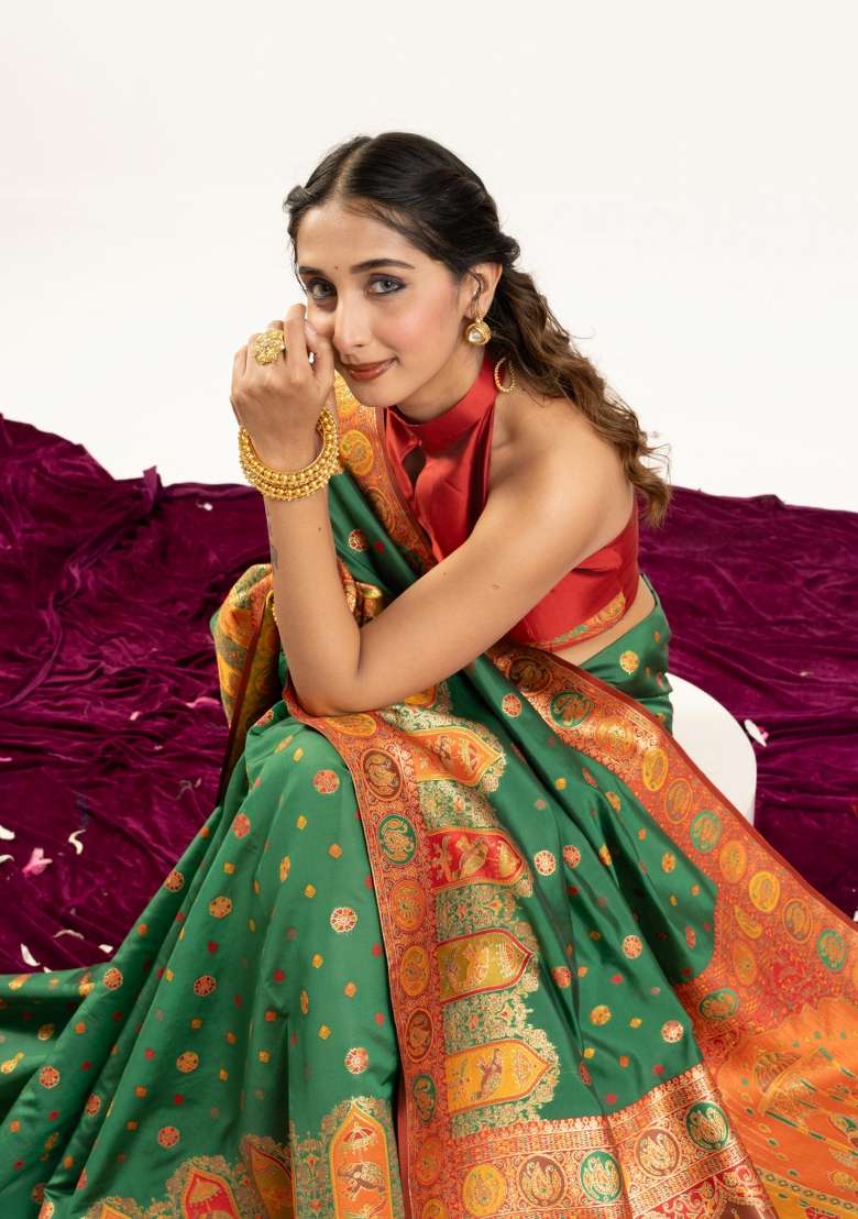 Green Solid Silk Blend Saree Set - Indya