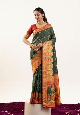 Dark Green Solid Silk Blend Saree Set