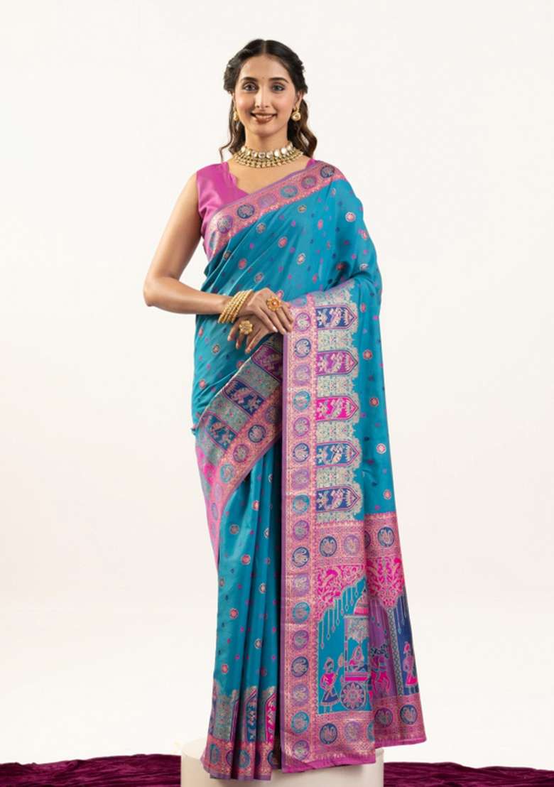Firozi Solid Silk Blend Saree Set - Indya