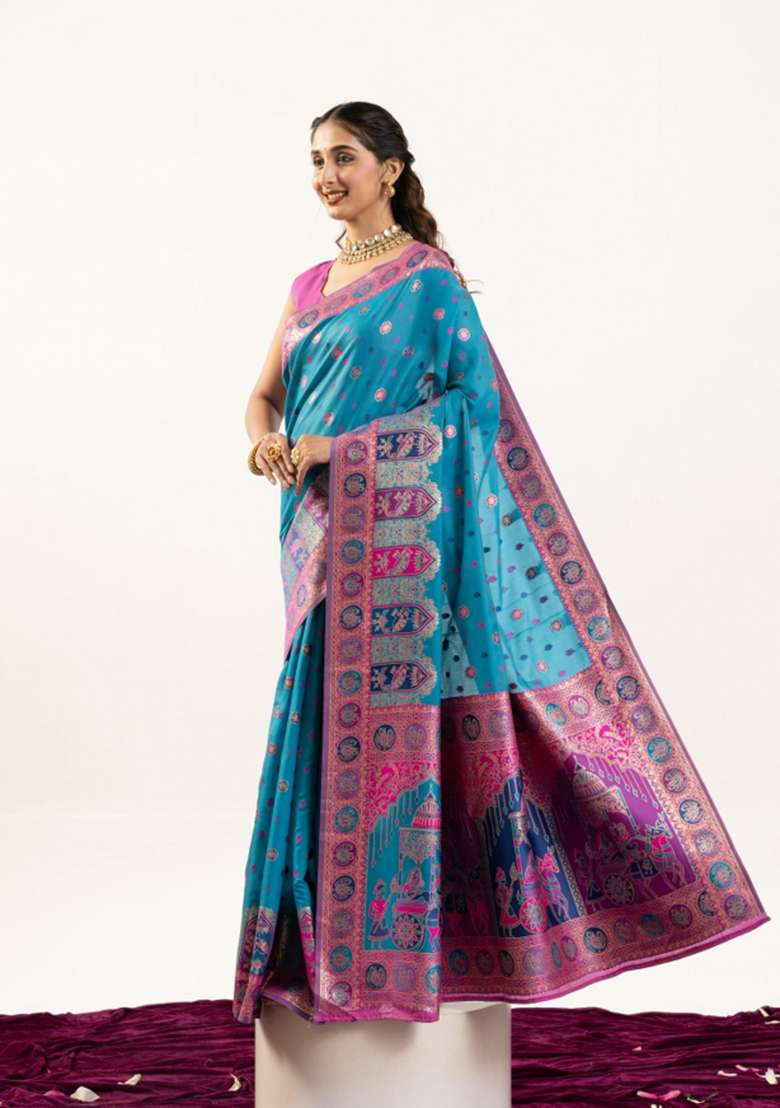 Firozi Solid Silk Blend Saree Set - Indya