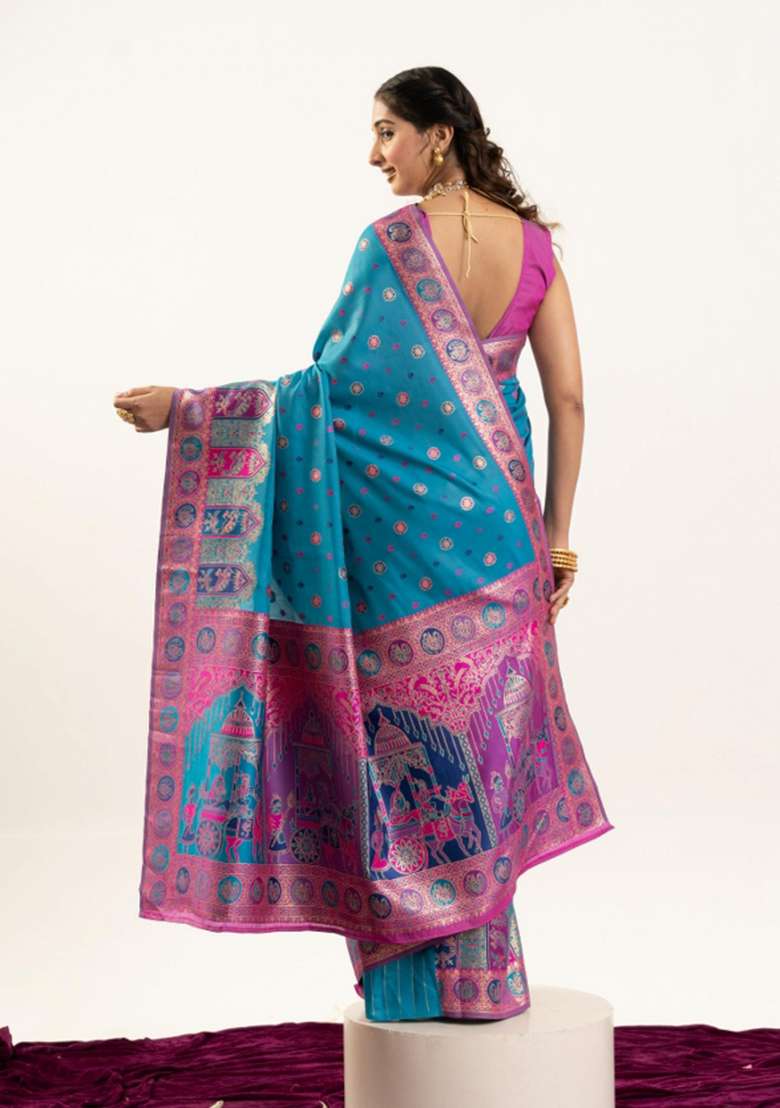 Firozi Solid Silk Blend Saree Set - Indya