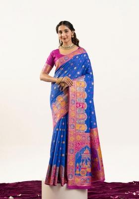 Royal Blue Solid Silk Blend Saree Set