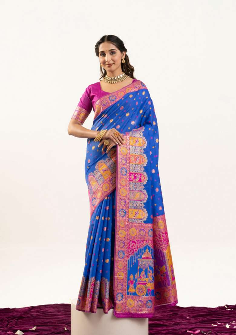 Royal Blue Solid Silk Blend Saree Set - Indya