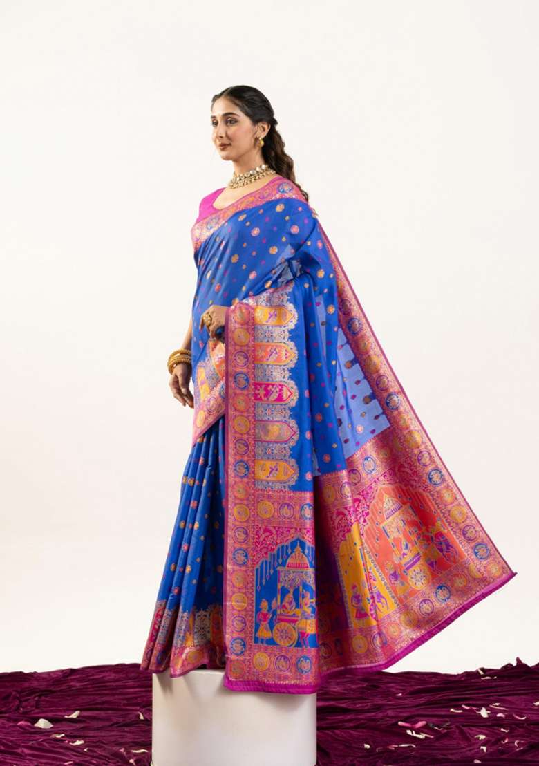 Royal Blue Solid Silk Blend Saree Set - Indya