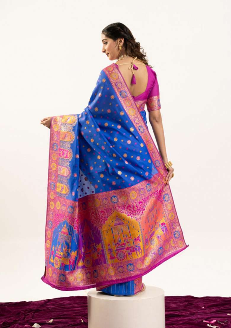 Royal Blue Solid Silk Blend Saree Set - Indya
