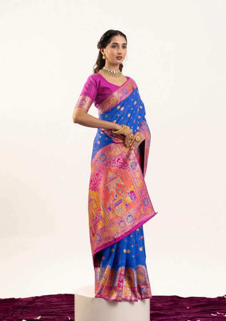 Royal Blue Solid Silk Blend Saree Set - Indya