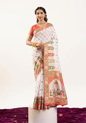 White Solid Silk Blend Saree Set