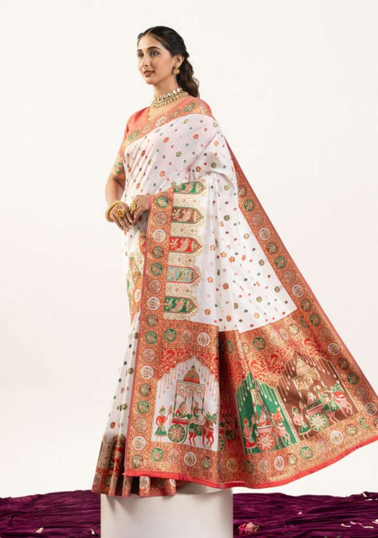 White Solid Silk Blend Saree Set - Indya