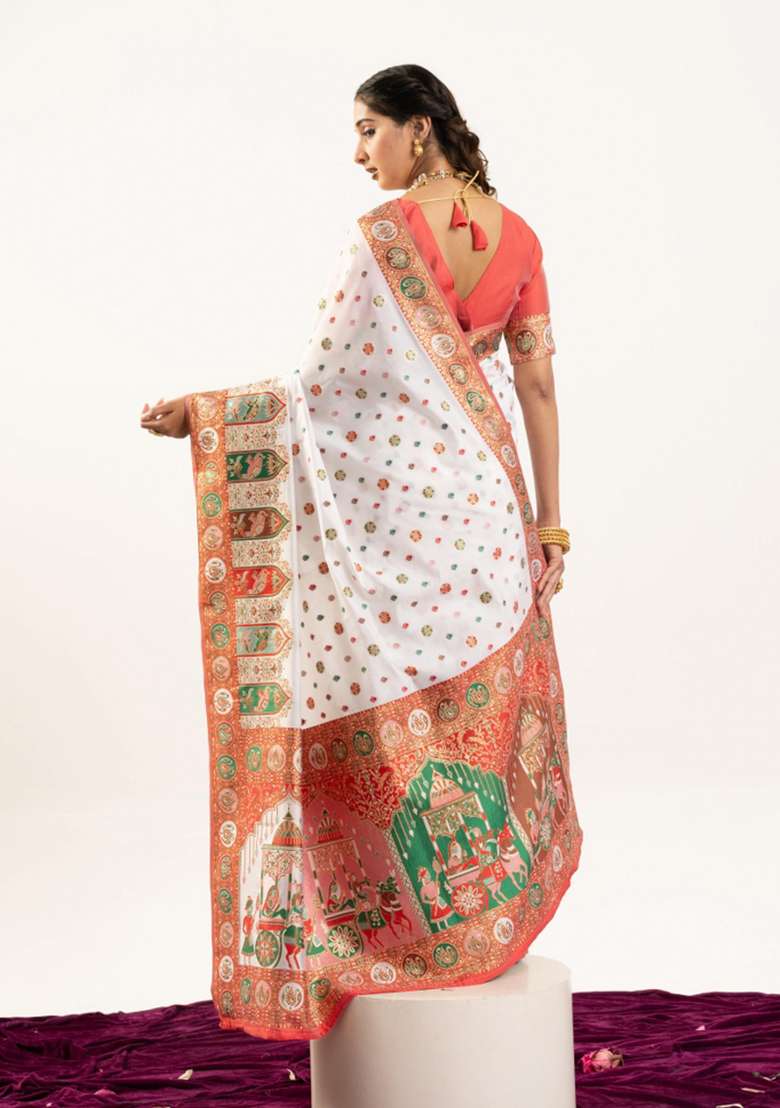 White Solid Silk Blend Saree Set - Indya