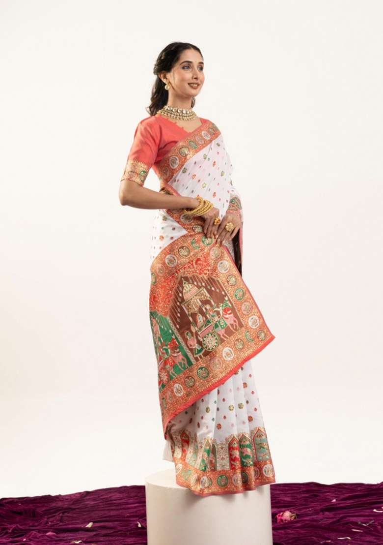 White Solid Silk Blend Saree Set - Indya