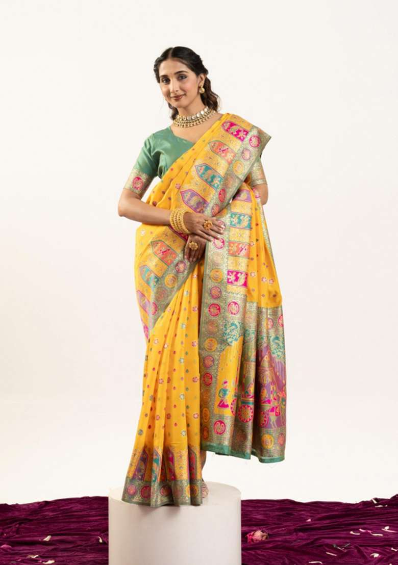 Yellow Solid Silk Blend Saree Set - Indya