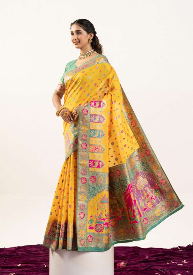 Yellow Solid Silk Blend Saree Set - Indya