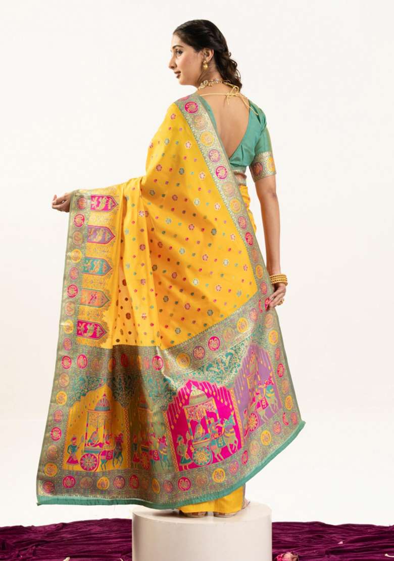Yellow Solid Silk Blend Saree Set - Indya