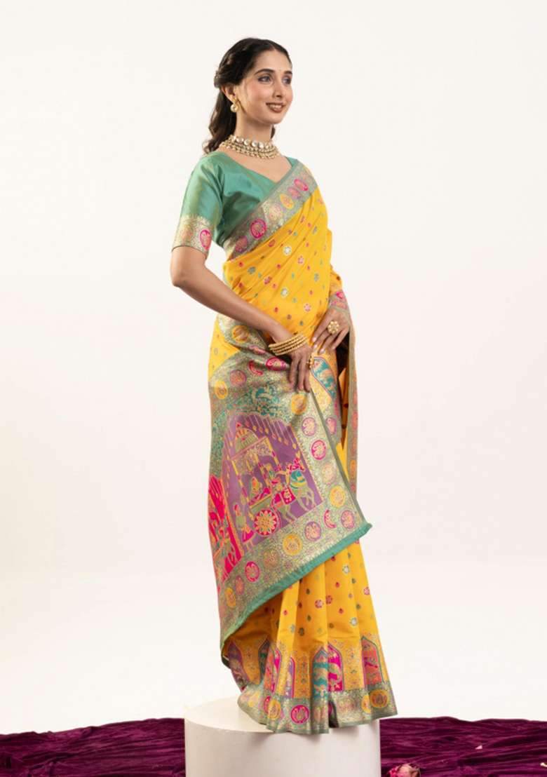 Yellow Solid Silk Blend Saree Set - Indya
