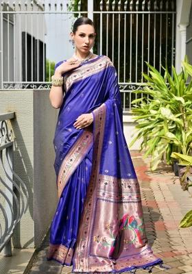 Blue Solid Silk Blend Saree Set