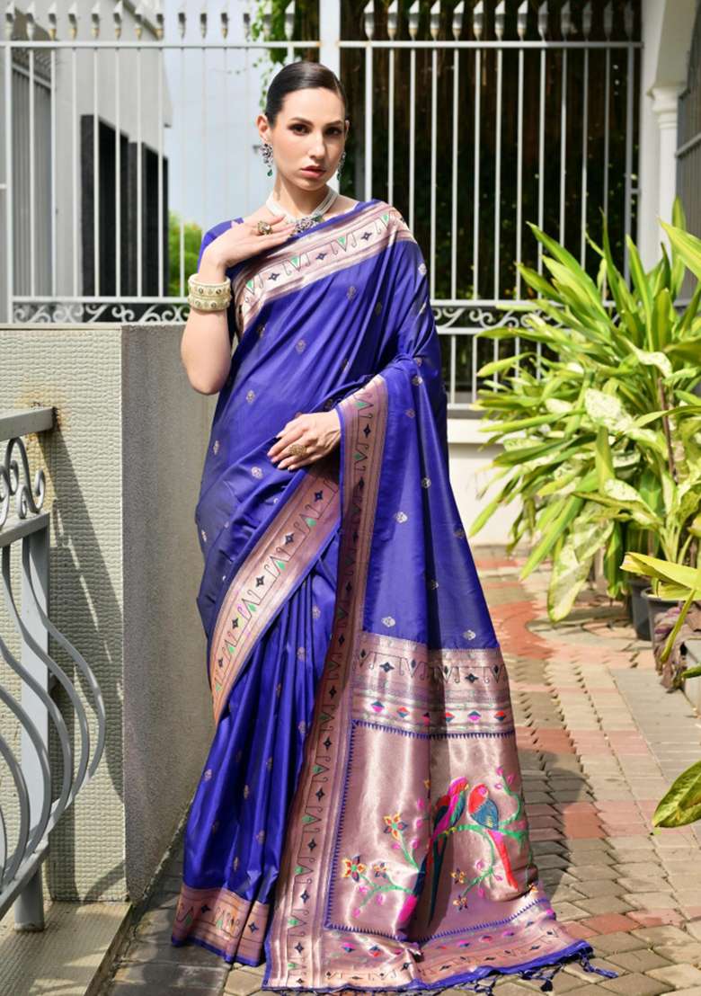 Blue Solid Silk Blend Saree Set - Indya