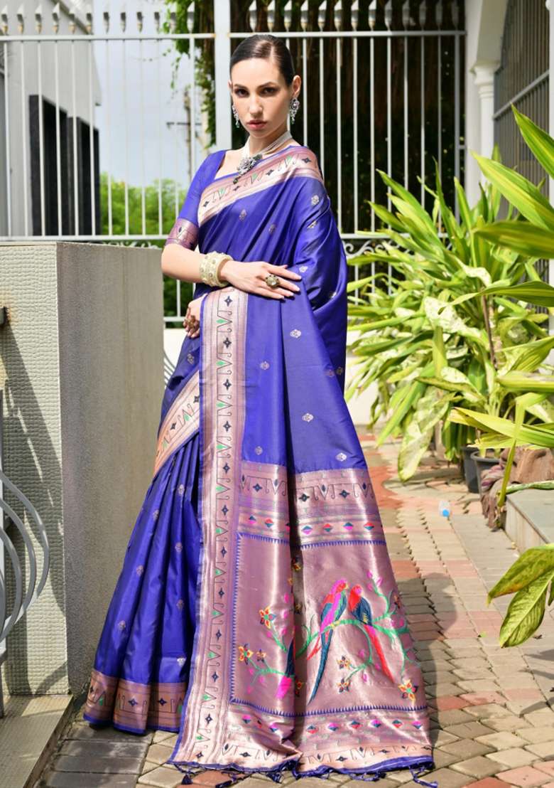 Blue Solid Silk Blend Saree Set - Indya