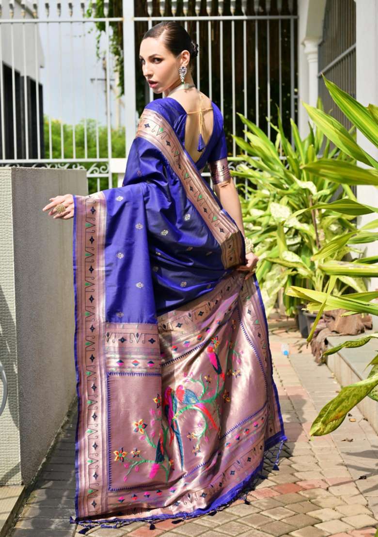 Blue Solid Silk Blend Saree Set - Indya