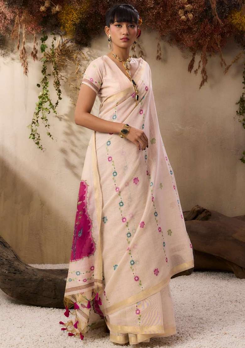 Pink Solid Cotton Saree Set - Indya