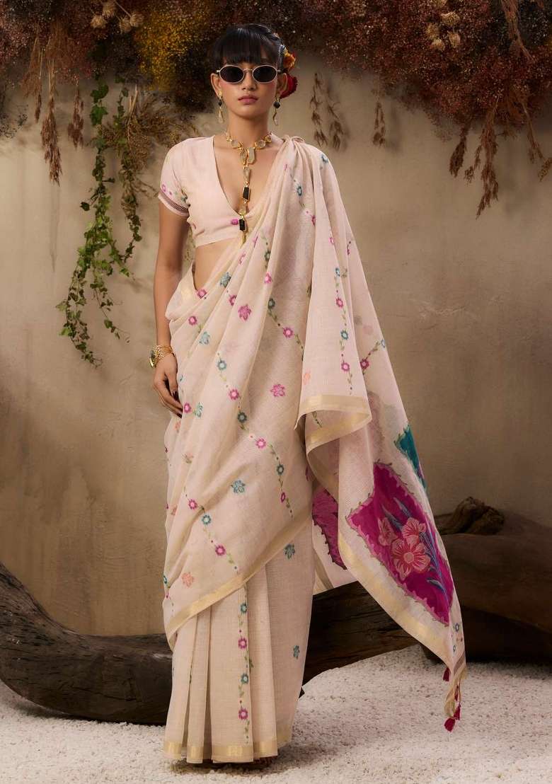Pink Solid Cotton Saree Set - Indya