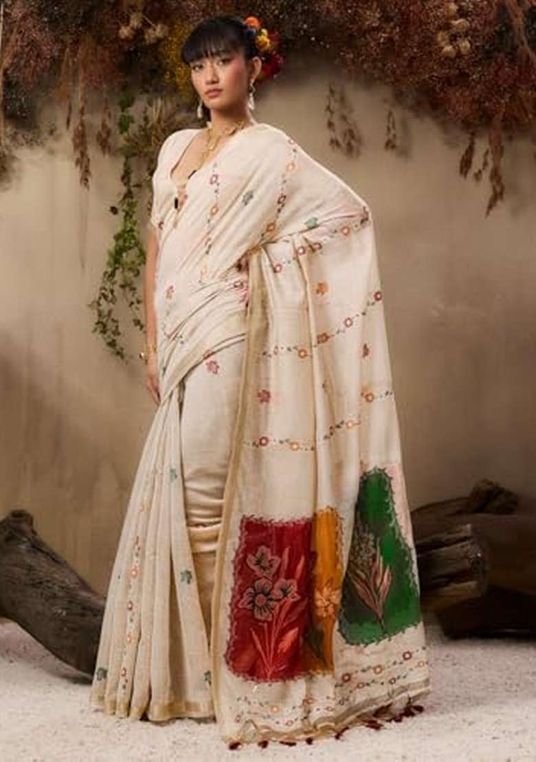 Red Solid Cotton Saree Set - Indya