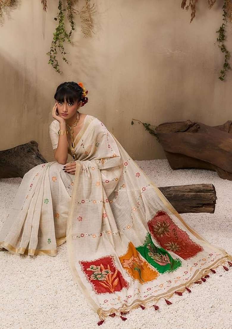 Red Solid Cotton Saree Set - Indya