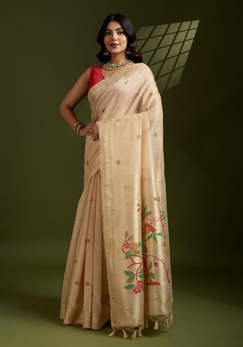 Beige Solid Cotton Saree Set