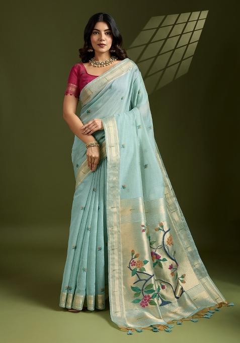 Light Blue Solid Cotton Saree Set — view on Indya