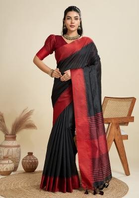 Black Solid Silk Blend Saree Set