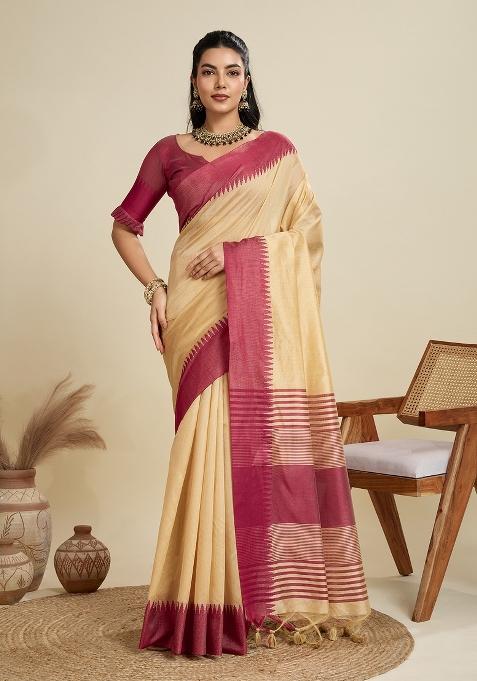 Cream Solid Silk Saree Set — view on Indya