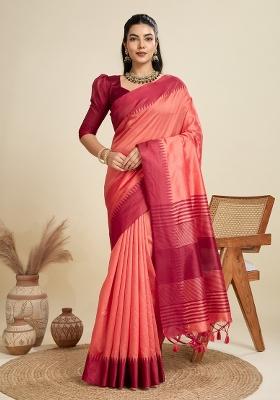 Red Solid Silk Blend Saree Set