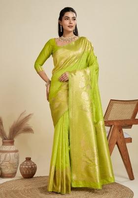Lime Green Solid Silk Blend Saree Set